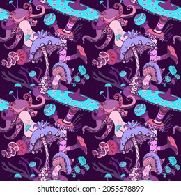Fantasy seamless pattern with various mushrooms. Beautiful magic landscape pattern, hand drawn concept background. Vector illustration.