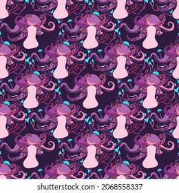 Fantasy seamless pattern with various mushrooms. Beautiful magic damask pattern, hand drawn concept background. Vector illustration.