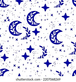Fantasy seamless pattern. Vector pattern with moon, star and leaves. Dark blue elements on white background.