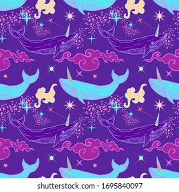 Fantasy seamless pattern with whales unicorns. Boho vintage illustration. Print could be used for yoga mat, phone case, textile.