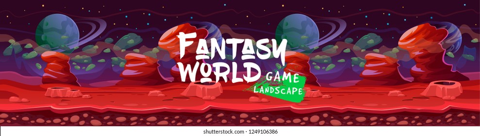 Fantasy seamless scene for game. Science Fiction theme illustration. Red planet landscape background, with layers for parallax. Cosmic planet  landscape of mountains, rocks and other planets in orbit 