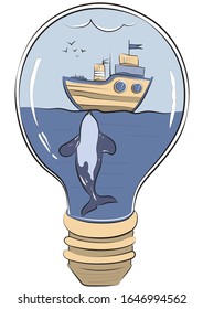 Fantasy seascape with boat and whale under water in a lamp. Cartoon illustration for baby's book, print, poster, pattern, wallpaper. Illustration on the theme of travel, adventure, save whales