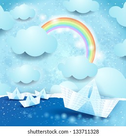Fantasy seascape with paper boat, vector