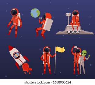 Fantasy set with cosmonaut or astronaut cartoon characters and rocket flat vector illustrations isolated on dark blue background. Exploring outer space items collection.