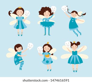 Fantasy set of cute fairies or elves girls with wings cartoon the flat vector illustration in blue colors isolated on background. Magic fairy tales characters for design.