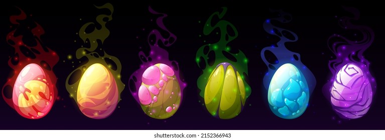 Fantasy set of eggs of dragon, magic creature, or dinosaur. Vector cartoon set of fantastic eggs of mythology fairy tale beast with different texture and mystic glow