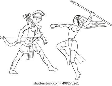Fantasy set of two women with spear and arrows. Mythical lady warriors.