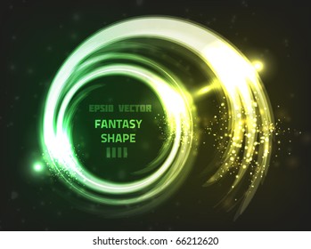 Fantasy shape with main part and bright "tail", surrounded by blurry particles on dark green background.