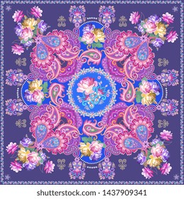 Fantasy shawl with luxury paisley ornament and bunches of roses on blue background. Indian, persian, russian motifs.