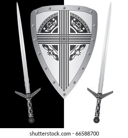 fantasy shield and swords. fourth variant. vector illustration