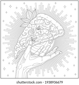 Fantasy shining slice pizza. Learning and education coloring page illustration for adults and children. Outline style, black and white drawing