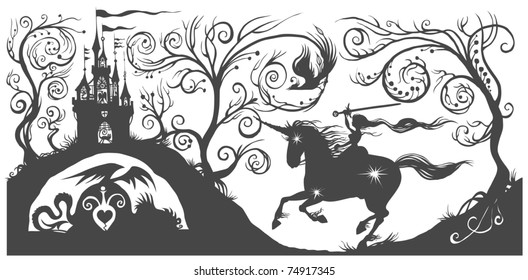 Fantasy silhouette illustration with girl on horse.