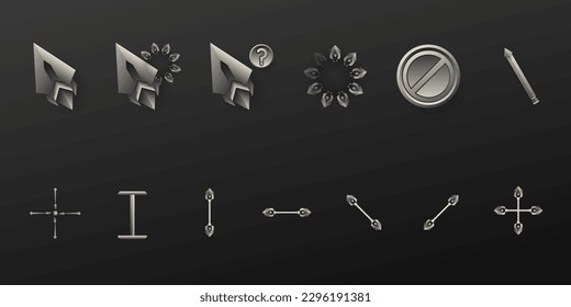 Fantasy silver custom mouse cursor navigation pointer icons for game ui design