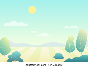 Fantasy simple cartoon summer field with tree, modern gradient nature vector illustration.