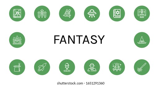 fantasy simple icons set. Contains such icons as Spellbook, Rocket, Wizard, Ufo, Magician, Defendant, Magic wand, Castle, Witch hat, can be used for web, mobile and logo