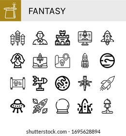 fantasy simple icons set. Contains such icons as Magician, Rocket, Defendant, Fortress, Spaceship, Crystal ball, Treasure map, Neptune, Mars, can be used for web, mobile and logo