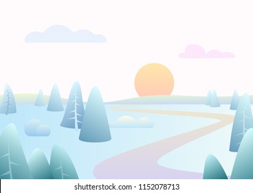 Fantasy simple winter road river landscape with cartoon curved trees, trendy gradient color vector illustration.