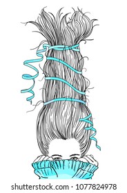 Fantasy sketch of beautiful teenage girl with long thick hair tightened up with ribbon, hiding her face in warm blue knitted sweater, Hand drawn vector illustration