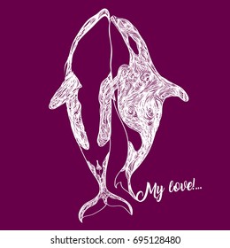 Fantasy sketch of Orca killer whale, flat illustration.Hand drawn doodle vector outline illustration decorated with abstract ornaments.