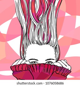 Fantasy sketch of teenage girl with long hair rose strands blowing up, hiding her face in warm knitted sweater, Hand drawn vector illustration colored in abstract pink trendy pattern