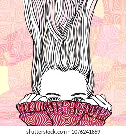 Fantasy sketch of teenage girl with long hair light rose strands blowing up, hiding her face in warm knitted sweater, Hand drawn vector illustration colored in abstract pink spiral pattern