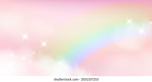 Fantasy Sky Background with Cute Rainbow. Vector Pink Clouds in Realistic Style. Baby Unicorn Wallpaper.