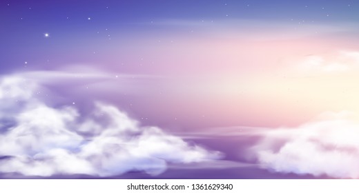 Fantasy Sky. Beautiful Fairy Skies, Fantastic Dream Clouds And Fabulous Cloudy Sky Pastel Colors. Purple Fantasy Skies Wallpaper Or Magic Night Cosmic Sky Vector Background Illustration