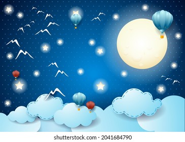 Fantasy sky with full moon, birds, balloon and lights. Paper art. Vector illustration eps10