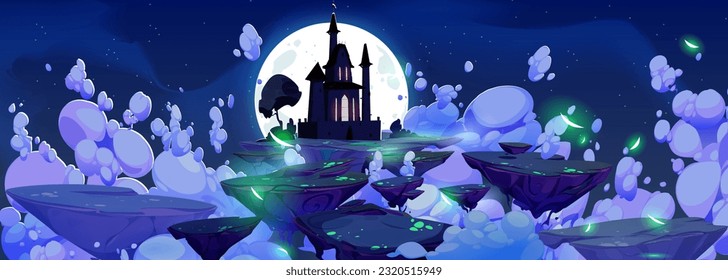 Fantasy sky road to magic castle vector background. Medieval kingdom fairytale landscape illustration at night. Halloween fortress silhouette with cloud and moonlight. Mystery floating rock island svg