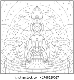 Fantasy Sky Rocket, adult and kid coloring page in stylish vector illustration for education and learning