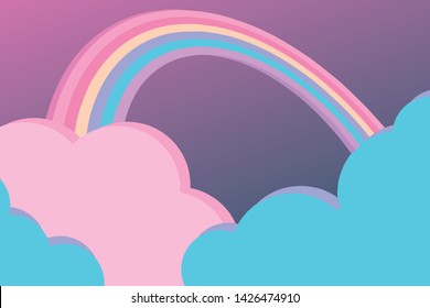 Fantasy sky scene with cute pink and bue clouds and colorful rainbow cartoon style vector background, illustration suitable for children designs