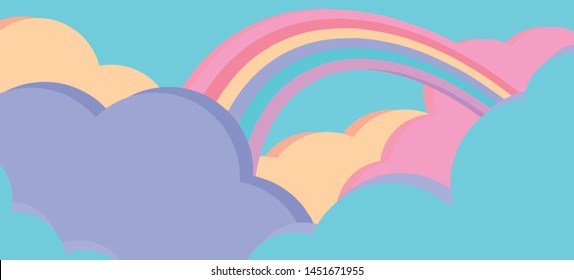 Fantasy sky scene with cute pink and bue clouds and colorful rainbow cartoon style vector background banner