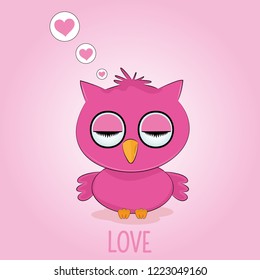 Fantasy is sleeping red bird owl isolated on pink background. Children's graphics for t-shirts and can also be used for other. Greeting card.