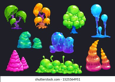 Fantasy slime plants. Alien slimy mushrooms set. Vector bizarre tree set.