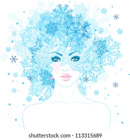 Fantasy Snow Queen: young beautiful girl with blue snowflakes in her hair, vector illustration