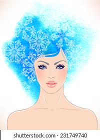 Fantasy Snow Queen: young beautiful girl with blue snowflakes in her hair, vector illustration 