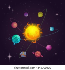 Fantasy solar system, alien planets and star, vector space illustration