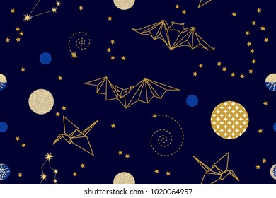 Fantasy space background. Seamless vector pattern with origami bats and birds flying in the dark night sky. Abstract print with stars, planets and constellations. Universe textile design collection.