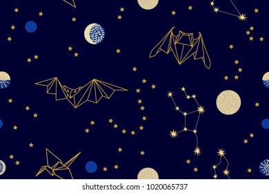 Fantasy space background. Seamless vector pattern with origami bats and birds flying in the dark night sky. Abstract print with stars, moon and constellations. Universe textile design collection.