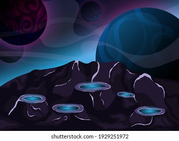 Fantasy space background for UI game. Surface of the planet with craters. Space decoration for your design.