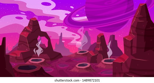 Fantasy space cartoon game concept background. Funny sci-fi alien planet landscape for a space arcade game level design. Vector isolated
