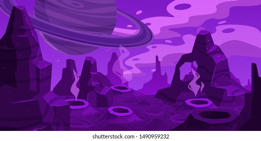 Fantasy space cartoon game concept background. Funny sci-fi alien planet landscape for a space arcade game level design. Vector isolated