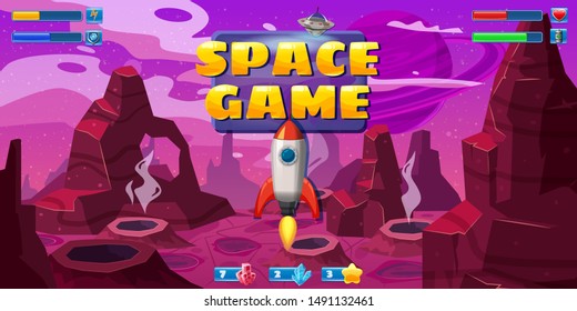 Fantasy space cartoon game concept background and Ui basic buttons and icons. Funny sci-fi alien planet landscape for a space arcade game level design. Vector isolated