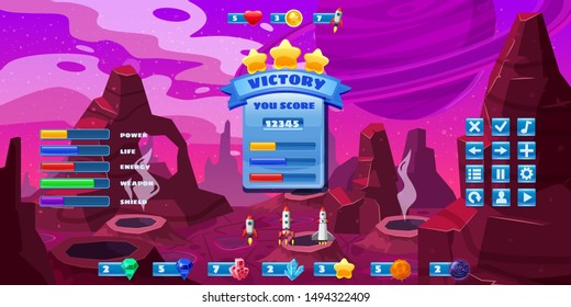 Fantasy space cartoon game concept background and Ui basic buttons and icons. Funny sci-fi alien planet landscape for a space arcade game level design. Vector isolated