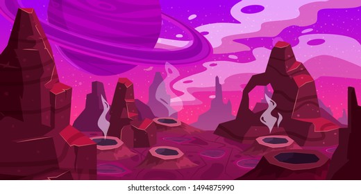 Fantasy space cartoon game concept background. Funny sci-fi alien planet landscape for a space arcade game level design. Vector isolated