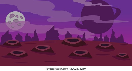 Fantasy space cartoon game concept background. Funny sci-fi alien planet landscape for a space arcade game level design. Vector isolated