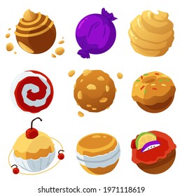 Fantasy space collection of circle candy planets, flat vector illustration isolated on white background. Sweet food and candies galaxy planets bundle.