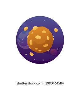 Fantasy space colorful circle sticker with fancy planet in shape of round chocolate candy, cartoon flat vector illustration isolated on white background.