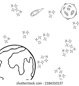 Fantasy Space Farbing Page Illustration. Weltraumfarbbuch. Skizze Vektordesign-Illustration. Himmelshintergrund. Wissenschaftstechnologie.