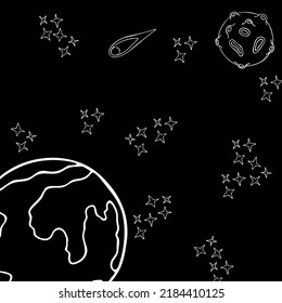 Fantasy Space Illustration on Black Background. Sketch Vector Design illustration. Sky Background. Science Technology.